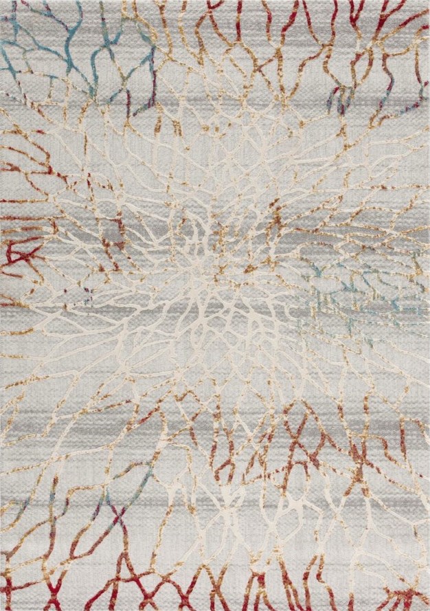 Picture of an area rug that has a beige and grey background with an overlay pattern that looks like branches that are white, red, brown, and blue